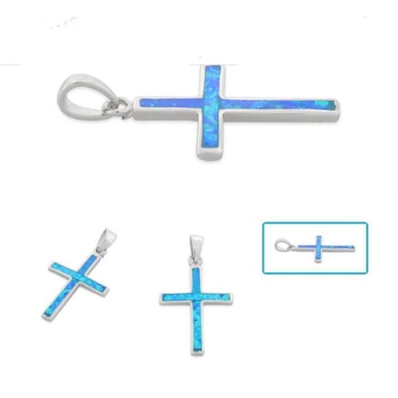 New Sterling Silver Blue Opal Small Cross Pendant Necklace - Picture 3 of 5